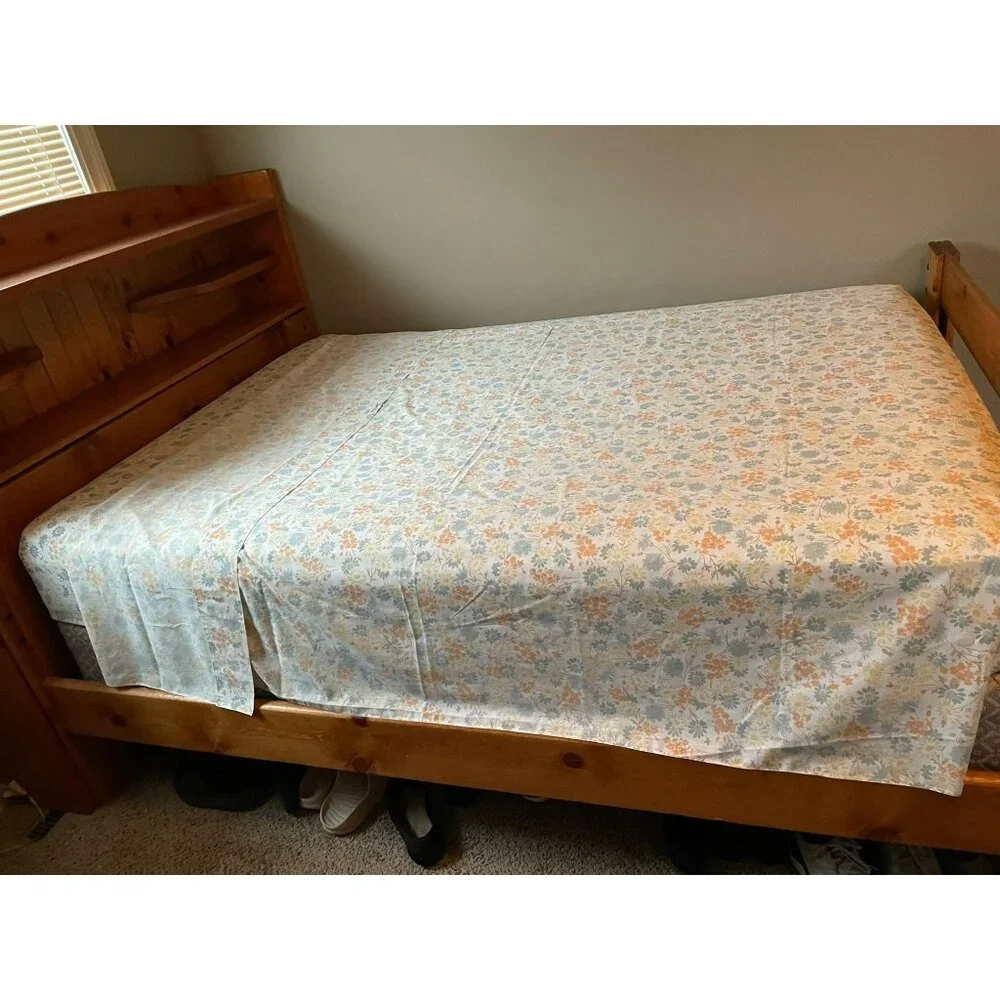 Vintage Full Size Sheet Set Used Blue Yellow Orange Floral 2 Piece